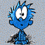 Static 64x64 pixel cartoon icon of a blue character with spiky hair, large white eyes, and black pupils on a light gray background.