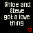 Pixelated text reads "Chloe and Steve got a love thing" with red heart symbols below, displayed on black background.