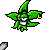 Animated green leaf-shaped character with yellow 'L' on head, white mouth, and red nose, performing smoking actions with visible smoke and ash particles.