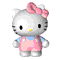 A gray cat-like character with a pink bow, yellow nose, and black eyes wears a pink dress over blue sleeves in six views showing front, side, back, and angles.