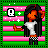 Pixel art of a character with long black hair, orange skin, white shirt, and checkered pants against green-pink striped background with stars.