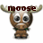 Pixelated cartoon moose with large antlers, brown body, white eyes, and dark pupils, wearing a green collar, with the word 'moose' in dark red text above its head.