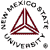 A circular pixelated icon features a central red triangular symbol surrounded by a ring of gray text on a white background.