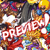 Pixel art collage of multiple anime-style characters in dynamic poses with a large red 'PREVIEW!' text overlay, rendered in 8-bit style.