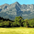 Pixelated landscape with yellow field, green trees, and gray-blue mountains under light blue sky.