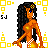Pixel art of a female character with long black hair and blue eyes, wearing a white checkered bikini bottom, standing against a yellow square patterned background.