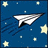 Pixelated paper airplane flies left to right against dark blue starry background with white stars, transitioning to light blue sky with clouds and trailing smoke.