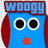 Blue cartoon character with red side shapes, black eyes, and red mouth under 'woogy' text; two identical frames show no visible animation changes.
