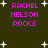 Dark green background with white star shapes and pink text reading "RACHEL NELSON ROCKS" in pixelated font.