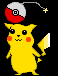 Yellow cartoon character with red cheeks and black eyes stands under a Poké Ball, holding a yellow lightning bolt; animation shows changing expressions and explosive effects.