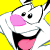 A cartoon character with a white face, pink cheeks, and black eyes appears in four color-blocked showing different candy props