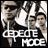 Pixelated black-and-white image of four individuals in a group pose with stylized text below reading DEPECHE MODE.