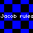 Blue and black checkered pattern with repeated text "Jacob rules" in white pixelated font across two
