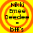 Four identical circular icons with orange concentric rings on a yellow background, each displaying text reading 'Nikki Emee Deedee = bff's' in black pixelated font.