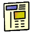 Pixelated icon with yellow background showing a simplified interface layout featuring blue, orange, and black elements in various configurations.