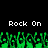 Pixelated green crowd with raised hands beneath repeated 'Rock On' text on black background.