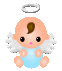 Pixelated angel baby with peach skin, brown hair tuft, black eyes, pink lips, white wings, silver halo, and light blue outfit in four distinct poses.