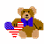 A pixelated cartoon teddy bear wearing a blue bow tie and holding an American flag, next to green text reading "Original Icons .com" on a dark background.