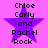 Purple star with black text 'Chloe Carly and Rachel Rock' on pink background, two identical static images side-by-side.