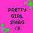 Pixelated text and symbols on a bright pink background with green decorative elements.