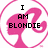 Pixelated pink silhouette of a woman's head with flowing hair inside a circular border, overlaid with black text reading "I AM BLONDIE" and "I AM PLASTIC" in different frames.