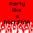 Red background with black pixelated text reading 'Party like a ROCKSTAR' and white pixelated flame-like shapes at the bottom.