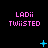 Pixelated text 'LADii TWiISTED' in pink appears above blue animated symbols on a black background.