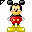 Pixelated cartoon character with black ears, red shorts, yellow shoes, and pink cheeks in four sequential poses showing walking animation.