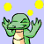 A 3x3 contact sheet of an animated pixel art icon featuring a green crocodile-like creature with closed eyes and raised hands against various solid background colors, each frame showing yellow circular elements floating above the character.