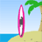 Pixelated static icon of a pink surfboard on sandy beach with palm tree and ocean background.