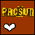 Four brown square display 'PACSUM' text above pixelated hearts in white, pink, green, and blue