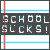 Pixelated icon with dark gray background, white and light blue text reading "SCHOOL SLICKS!", red vertical stripes on left side, horizontal light blue lines at top and bottom.