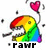 Rainbow-colored toucan head with pixelated texture, holding pink heart-shaped balloon on string, surrounded by scattered black dots and gray fragments.