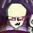 Animated cartoon character with pale yellow skin, red eyes, and purple hair displays multiple facial expressions including closed eyes, open mouthed grins, and one eye covered by a white patch.