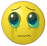 Yellow circular face with downturned mouth, teary eyes showing blue-green tears and dark pupils, two versions of the same expression displayed side-by-side.