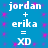 Blue background with pink pixelated dots; white text displays 'jordan + erika = XD' in four identical repeated sections.