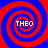 Four identical spiral patterns in red and blue with the text THEO centered within each spiral.