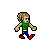 Pixel art character in green sleeveless top, blue pants, red shoes, and brown ponytail walking through six sequential poses on gray background.