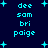 Pixelated cyan text 'dee sam bri paige' arranged in four on a dark blue background with scattered cyan plus signs, with one instance of 'dee' having a small star above it