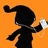 Pixelated figure in black silhouette with white accents on orange background, arms raised and one hand holding a glowing object.