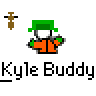 Pixel art contact sheet showing two identical static frames of a cartoon character with green hat and orange jacket, alongside red text 'badass buddy .com' and black text 'Kyle Buddy'.
