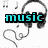 Pixelated image with headphones, musical notes, and text elements 'music', 'life', 'same thing' in cyan block letters on white background.