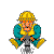 Pixelated cartoon character in yellow hard hat and teal overalls operates a jackhammer with both hands, feet planted on ground, expression shifting from neutral to smiling across frames.