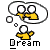 Pixelated yellow figure with arms outstretched under a thought bubble containing two white circles and a yellow shape, below which is the word 'Dream' in blocky text.