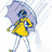 Pixelated image of a girl in yellow raincoat holding purple umbrella walking left to right against white background with diagonal lines.