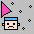 Pixelated character with blue headband and pink triangular prop, surrounded by black star shapes on gray background.