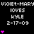 Pixelated text displays 'VIOLET-MARY' repeated three times above 'LOVES KYLE 2-17-09', with pink heart symbols animating in vertical stacks across the black background.
