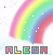 Rainbow arc with white dots on light background, 'ALENA' text below in colored block letters, small heart or arrow symbols above and below.