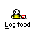 Pixelated character in yellow shirt holds red-and-white checkered container, with text "Dog food" below; animation shows hand movement toward container.