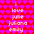 Red and purple heart-patterned background with white text reading 'i love julie juliana emily' in two identical vertical